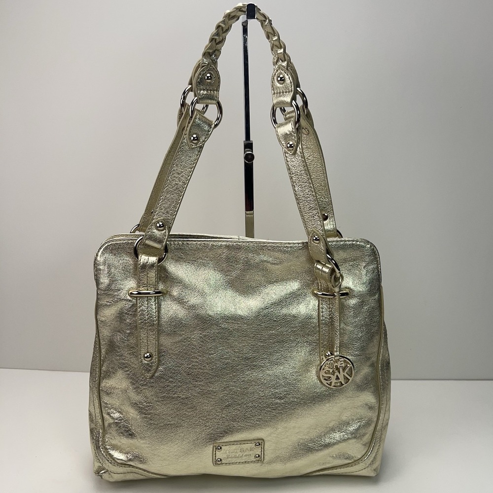 THE SAK Metallic Gold Leather Shoulder Purse Dividers Studded Hobo Handbag Bling